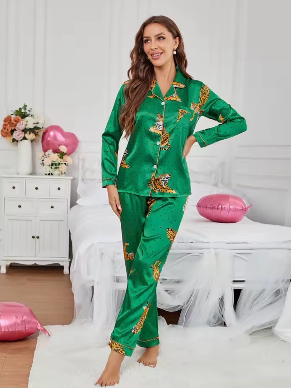 SHEIN Green Satin Tiger Print Pajama Set